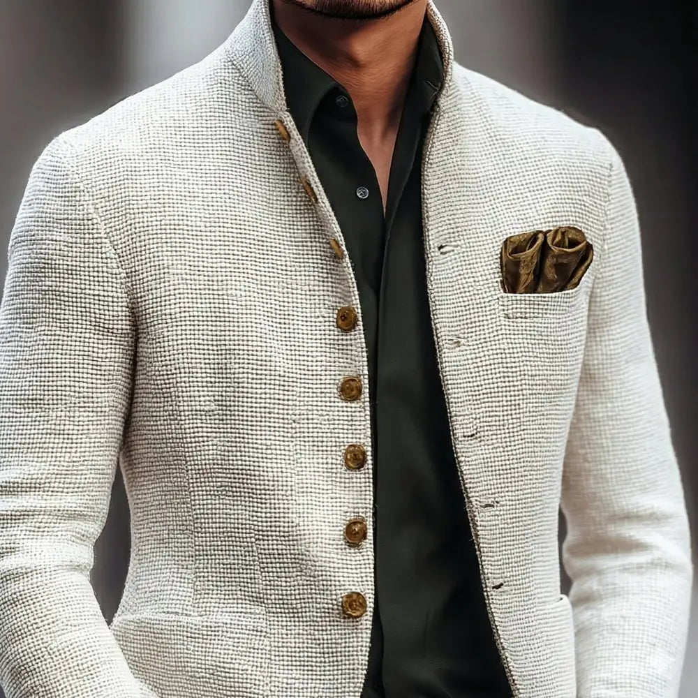 White Men's Tailored Button Cardigan with Stand Collar - Chest Pocket Close Up