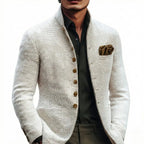 White Men's Tailored Button Cardigan with Stand Collar - Close Up Front Detail