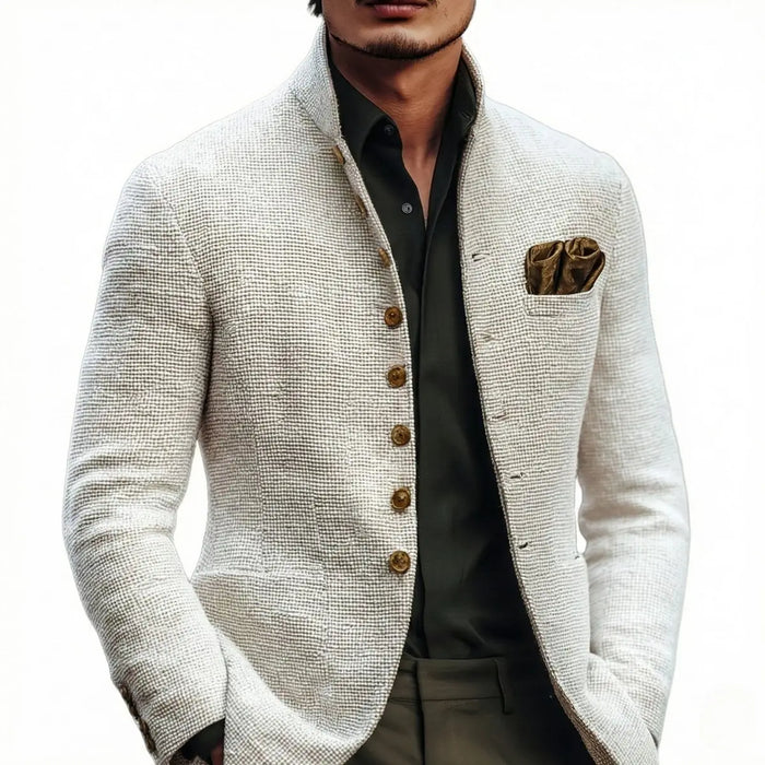 White Men's Tailored Button Cardigan with Stand Collar - Close Up Front Detail