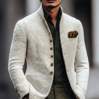 White Men's Tailored Button Cardigan with Stand Collar - Front Buttoned Outdoor