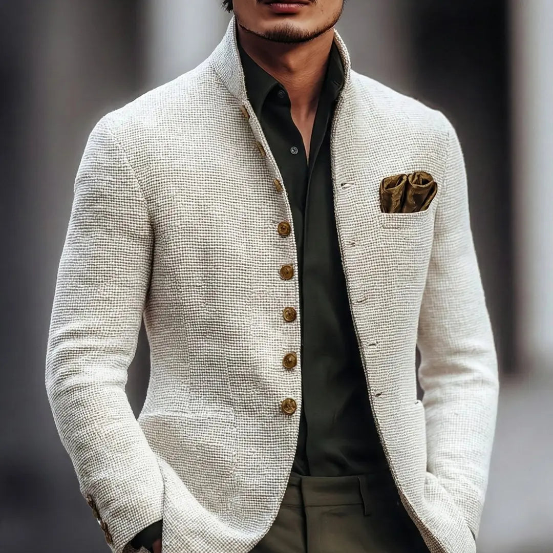 White Men's Tailored Button Cardigan with Stand Collar - Front Buttoned Outdoor