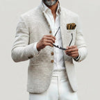 White Men's Tailored Button Cardigan with Stand Collar - Holding Sunglasses