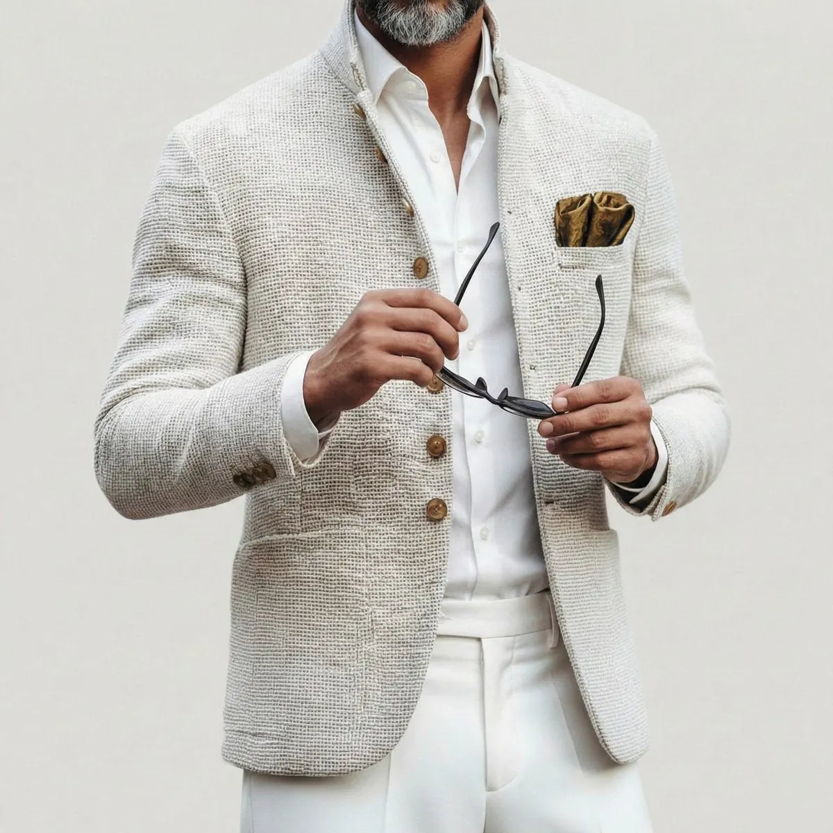 White Men's Tailored Button Cardigan with Stand Collar - Holding Sunglasses