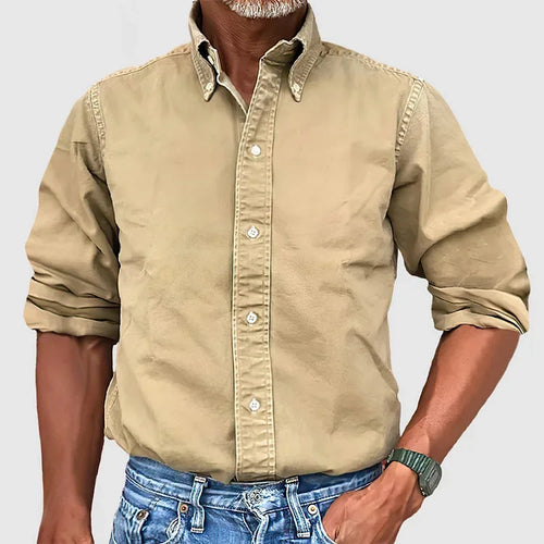 Khaki Men's Beige Button-Front Long Sleeve Shirt — Elias Relaxed-Fit Cotton Casual - Front Full