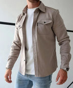 Men's Shirt Jacket with Button Placket & Chest Pockets for Everyday Comfort - Side Stance Pose