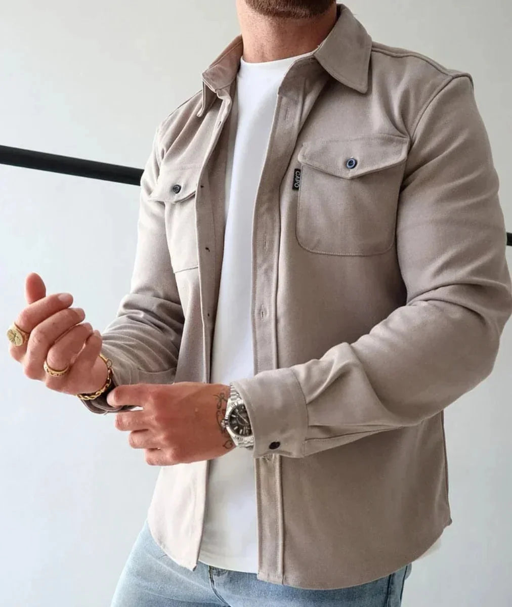 Beige Men's Shirt Jacket with Button Placket & Chest Pockets for Everyday Comfort