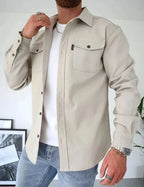 Light Beige Men's Shirt Jacket with Button Placket & Chest Pockets for Everyday Comfort