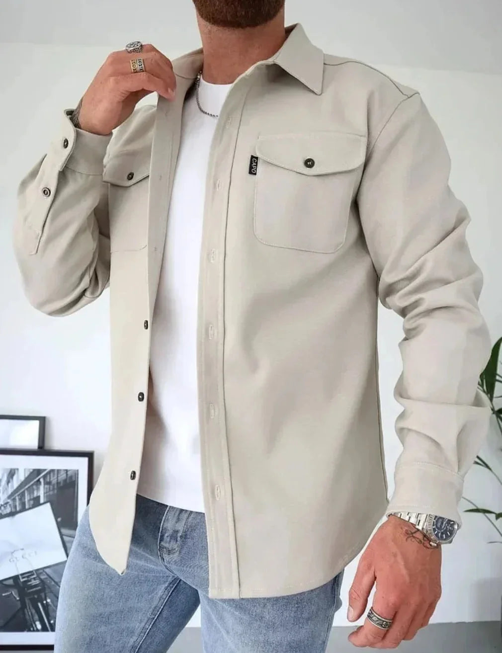 Light Beige Men's Shirt Jacket with Button Placket & Chest Pockets for Everyday Comfort