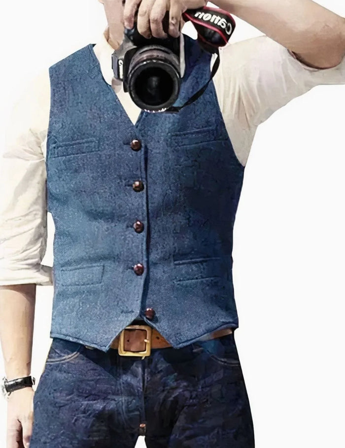 Light Blue Men's Button-Front Vest with Jacquard Texture & Tailored Fit — Henry - Front Full