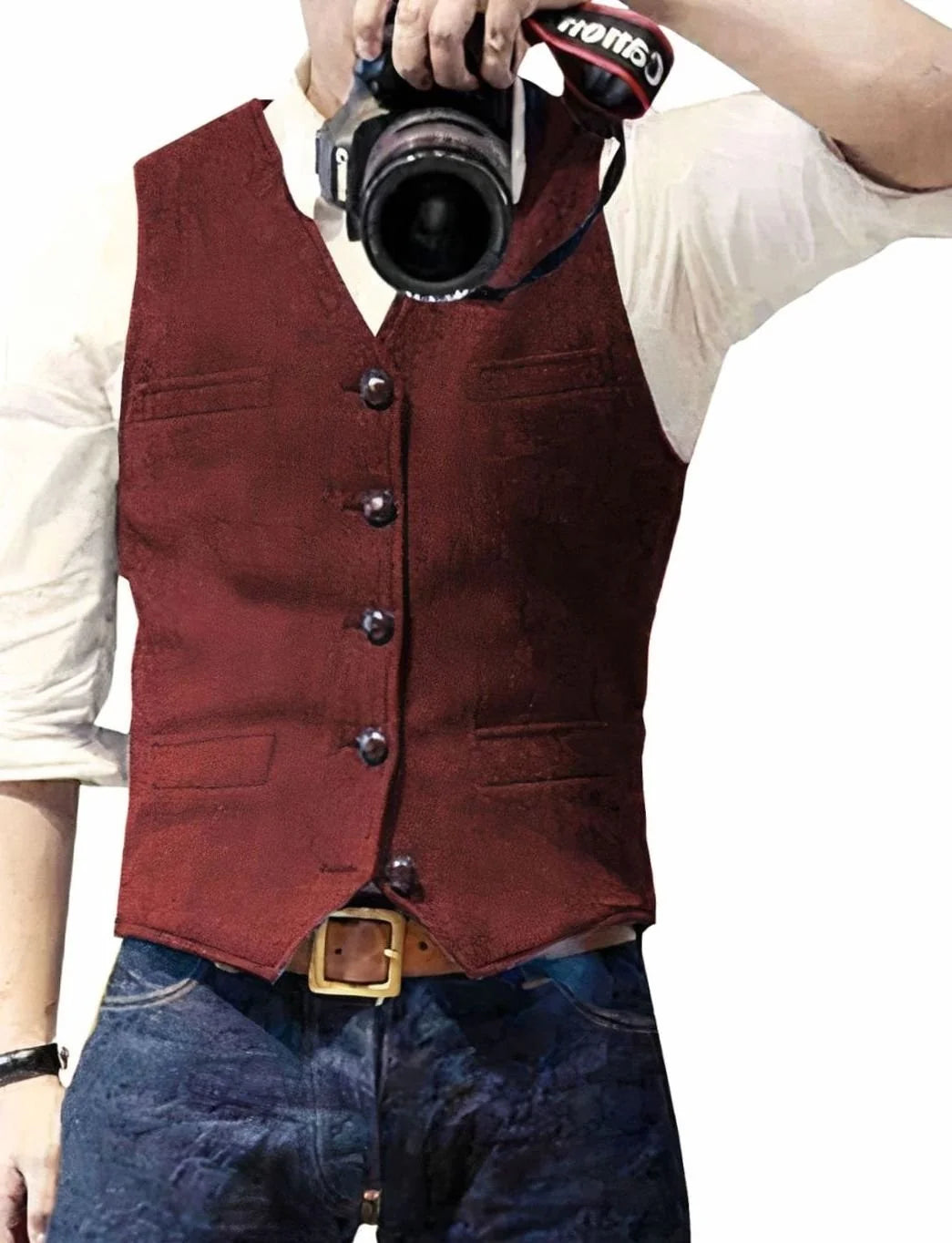 Red Men's Button-Front Vest with Jacquard Texture & Tailored Fit — Henry