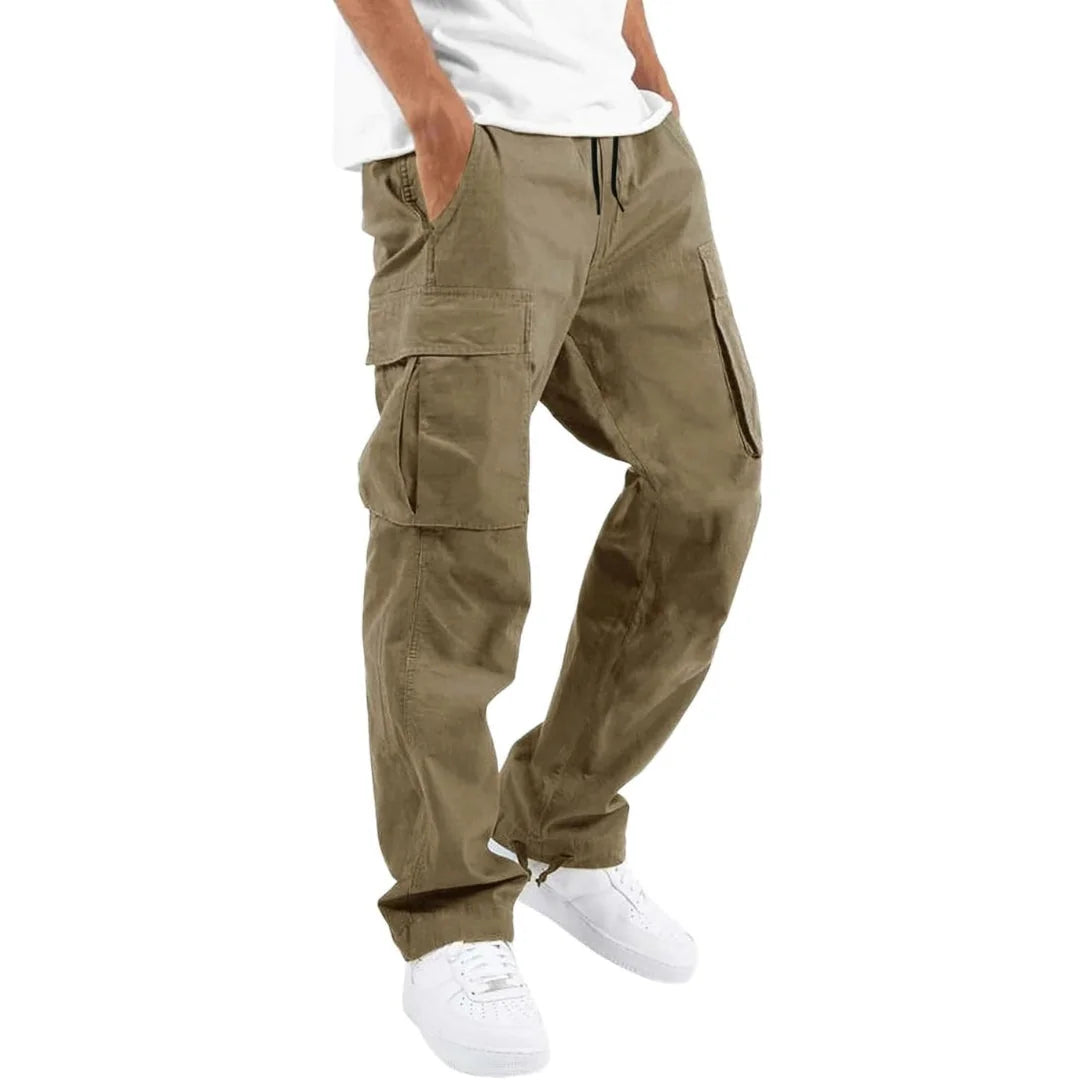 Olive Green Men's Cargo Pants with Adjustable Waist & Multiple Pockets - Side Pose