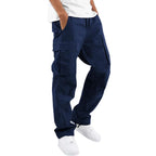 Navy Blue Men's Cargo Pants with Adjustable Waist & Multiple Pockets - Side Full Pose