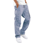 Dusty Blue Men's Cargo Pants with Adjustable Waist & Multiple Pockets - Front Waist Pose