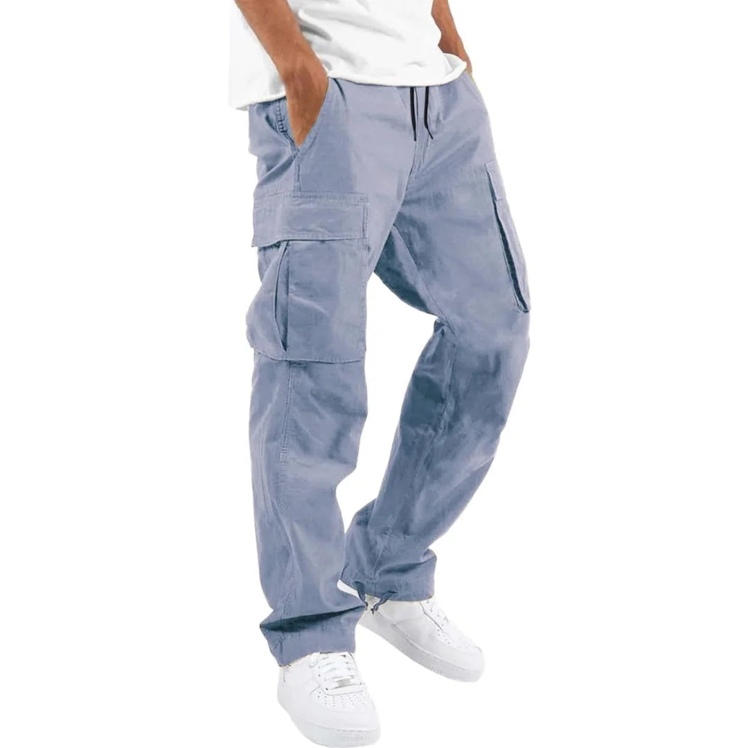 Dusty Blue Men's Cargo Pants with Adjustable Waist & Multiple Pockets - Front Waist Pose