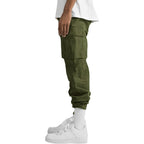 Men's Cargo Pants with Adjustable Waist & Multiple Pockets - Flat Lay Front Back