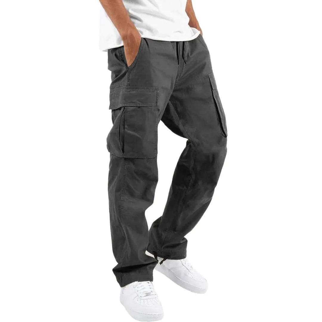 Dark Grey Men's Cargo Pants with Adjustable Waist & Multiple Pockets - Side Full Pose
