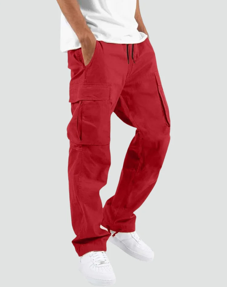 Red Men's Cargo Pants with Adjustable Waist & Multiple Pockets