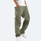 Men's Cargo Pants with Drawstring Cuffs & Multi-Pocket Design - Green Walking Pose