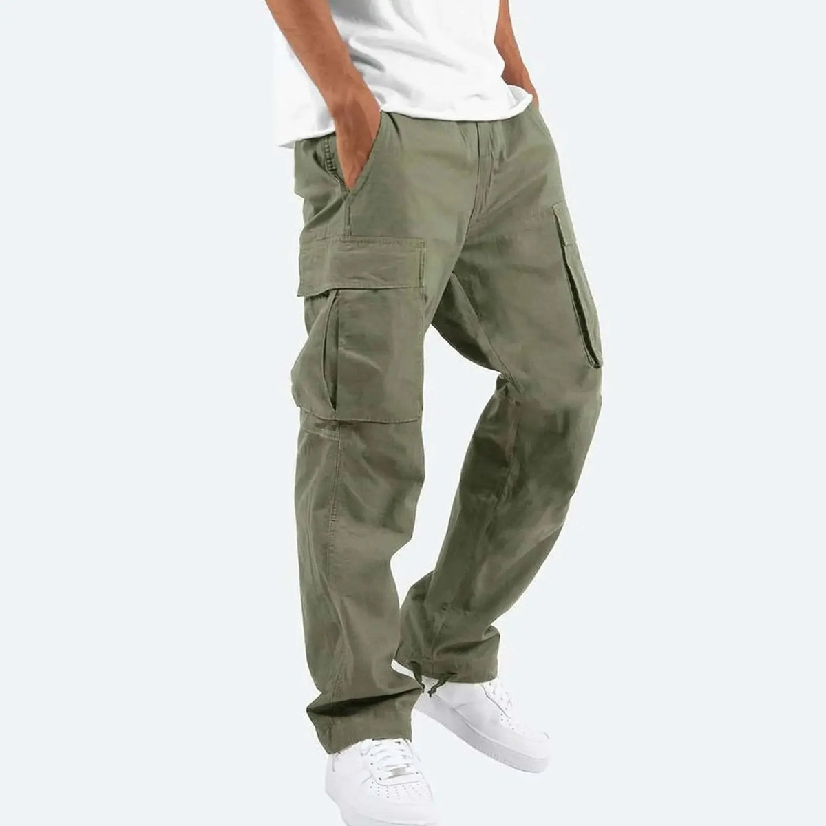 Men's Cargo Pants with Drawstring Cuffs & Multi-Pocket Design - Green Walking Pose