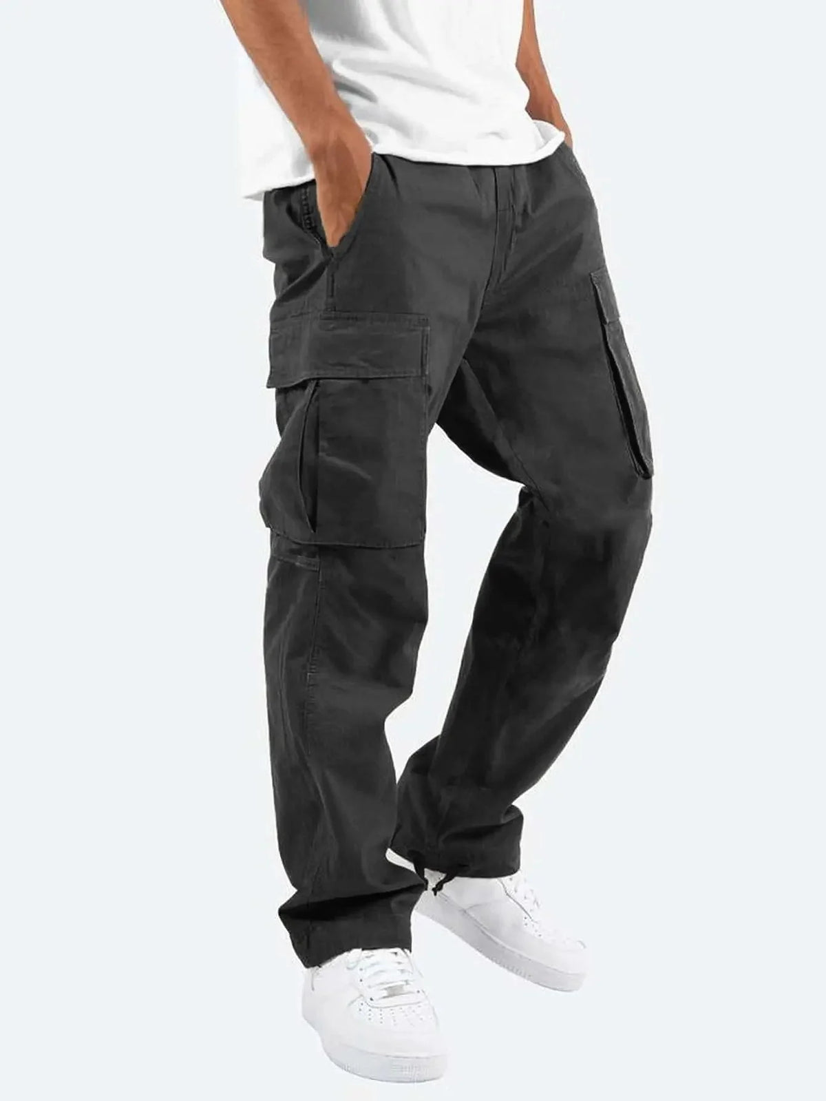 Black Men's Cargo Pants with Drawstring Cuffs & Multi-Pocket Design