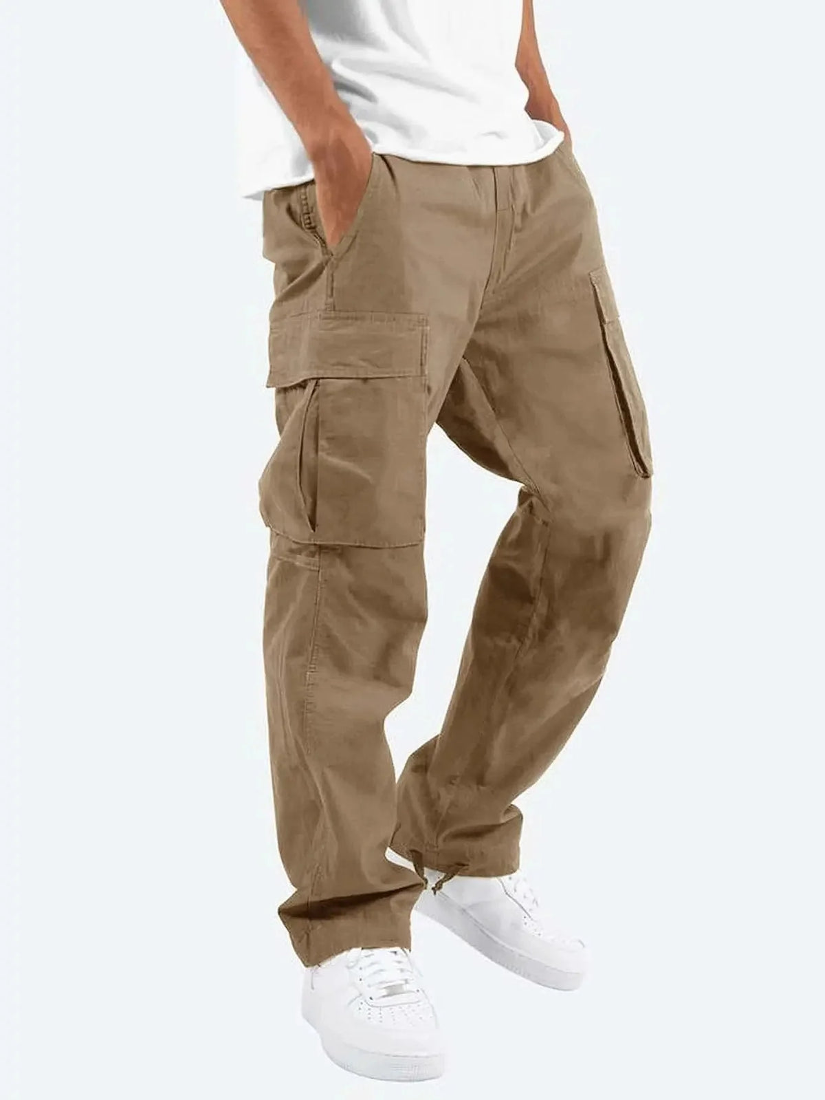 Brown Men's Cargo Pants with Drawstring Cuffs & Multi-Pocket Design