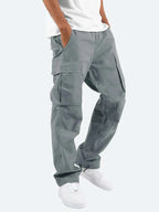 Grey Men's Cargo Pants with Drawstring Cuffs & Multi-Pocket Design