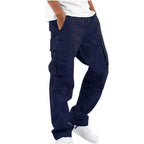 Navy Blue Men's Cargo Pants with Drawstring Cuffs & Multi-Pocket Design - Front Angle
