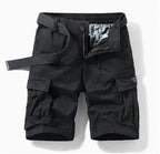 Black Men's Cargo Shorts Pants — Oliver Elastic Waist Multi-Pocket Belted - Front Belt Detail