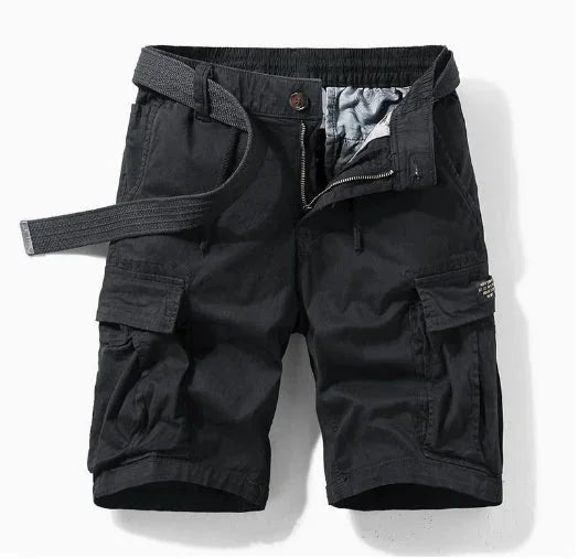 Black Men's Cargo Shorts Pants — Oliver Elastic Waist Multi-Pocket Belted - Front Belt Detail