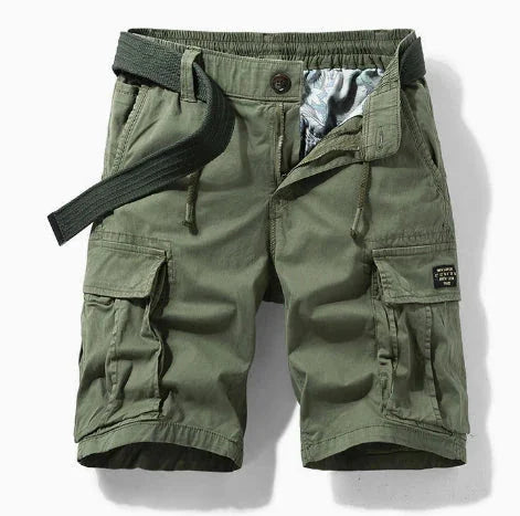 Green Men's Cargo Shorts Pants — Oliver Elastic Waist Multi-Pocket Belted - Front Full Studio
