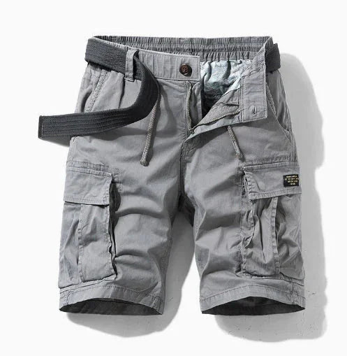Grey Men's Cargo Shorts Pants — Oliver Elastic Waist Multi-Pocket Belted - Front Flat Belted