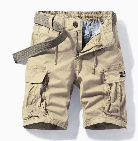 Khaki Men's Cargo Shorts Pants — Oliver Elastic Waist Multi-Pocket Belted - Front Flat Lay