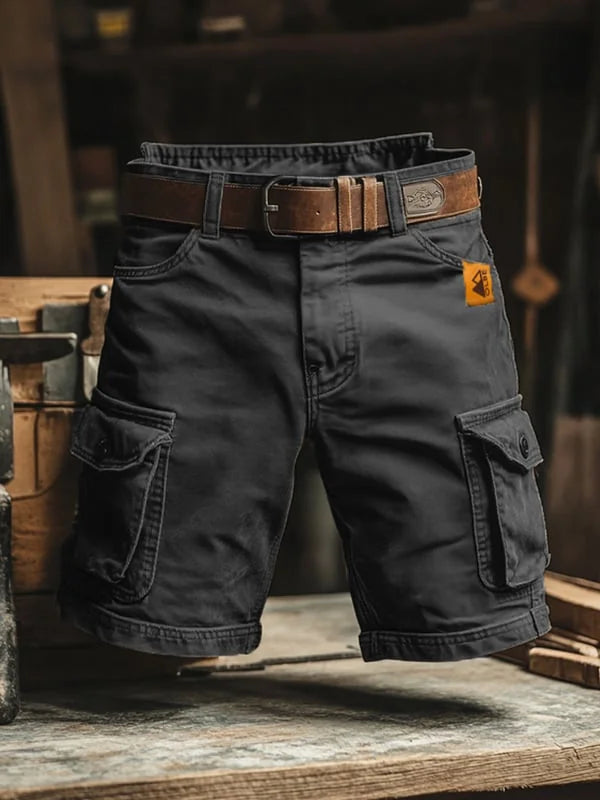 Grey Men's Cargo Shorts Pants — Beau Multi-Pocket Belted Workwear - Front Full