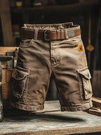 Khaki Men's Cargo Shorts Pants — Beau Multi-Pocket Belted Workwear - Front Styled