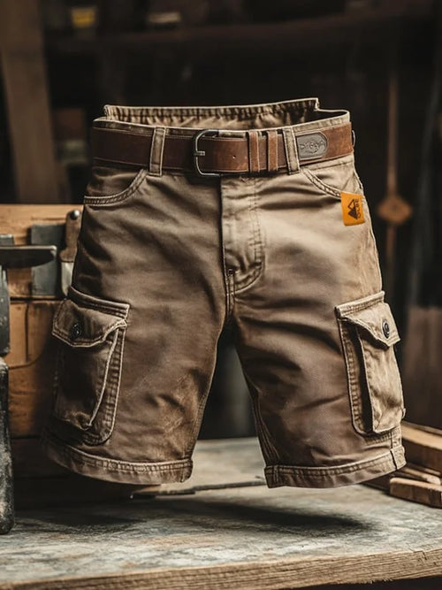 Khaki Men's Cargo Shorts Pants — Beau Multi-Pocket Belted Workwear - Front Styled