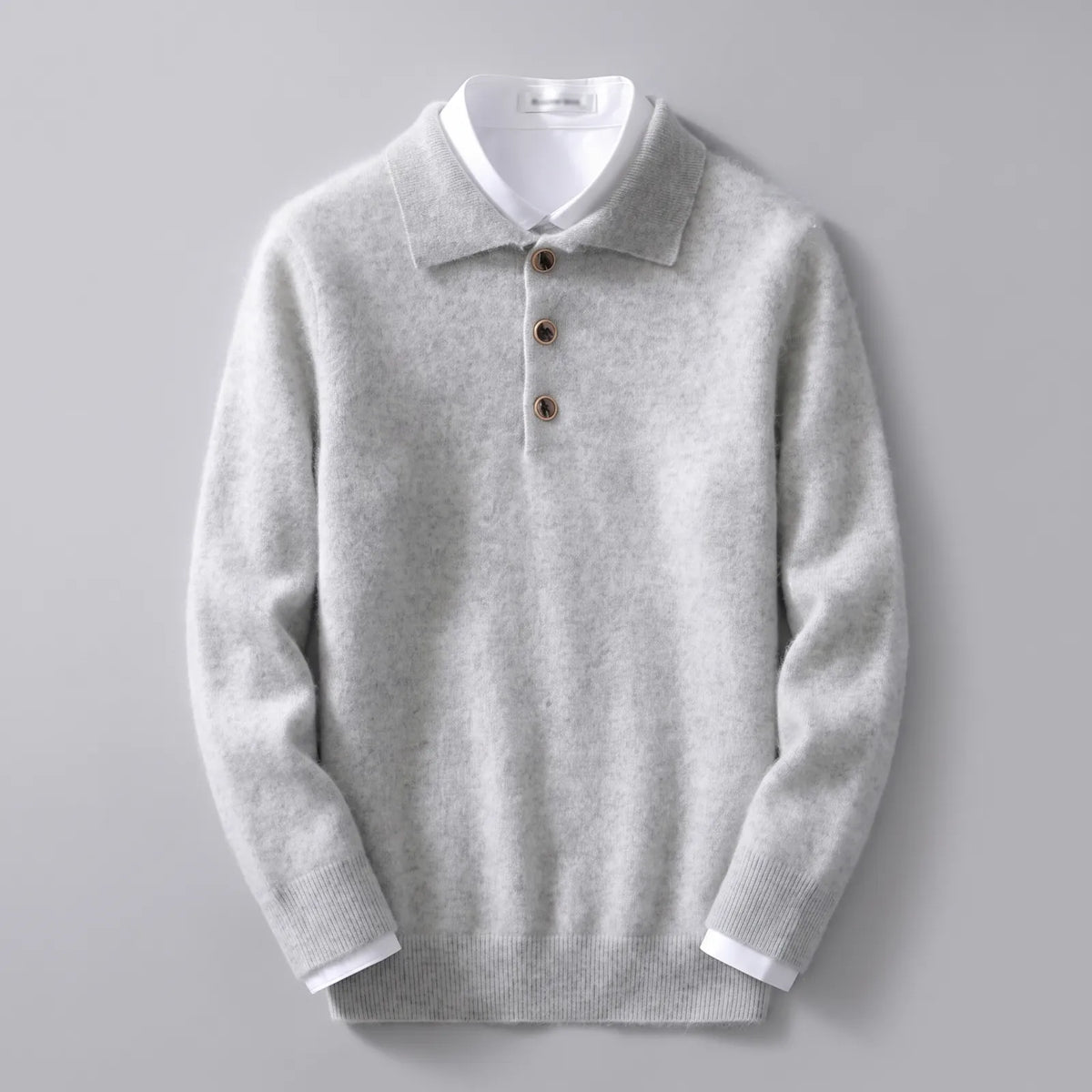 Grey Men's Cashmere Polo Sweater with Classic Collar & Button Placket — Edmund