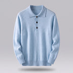 Sky Blue Men's Cashmere Polo Sweater with Classic Collar & Button Placket — Edmund - Product Floating