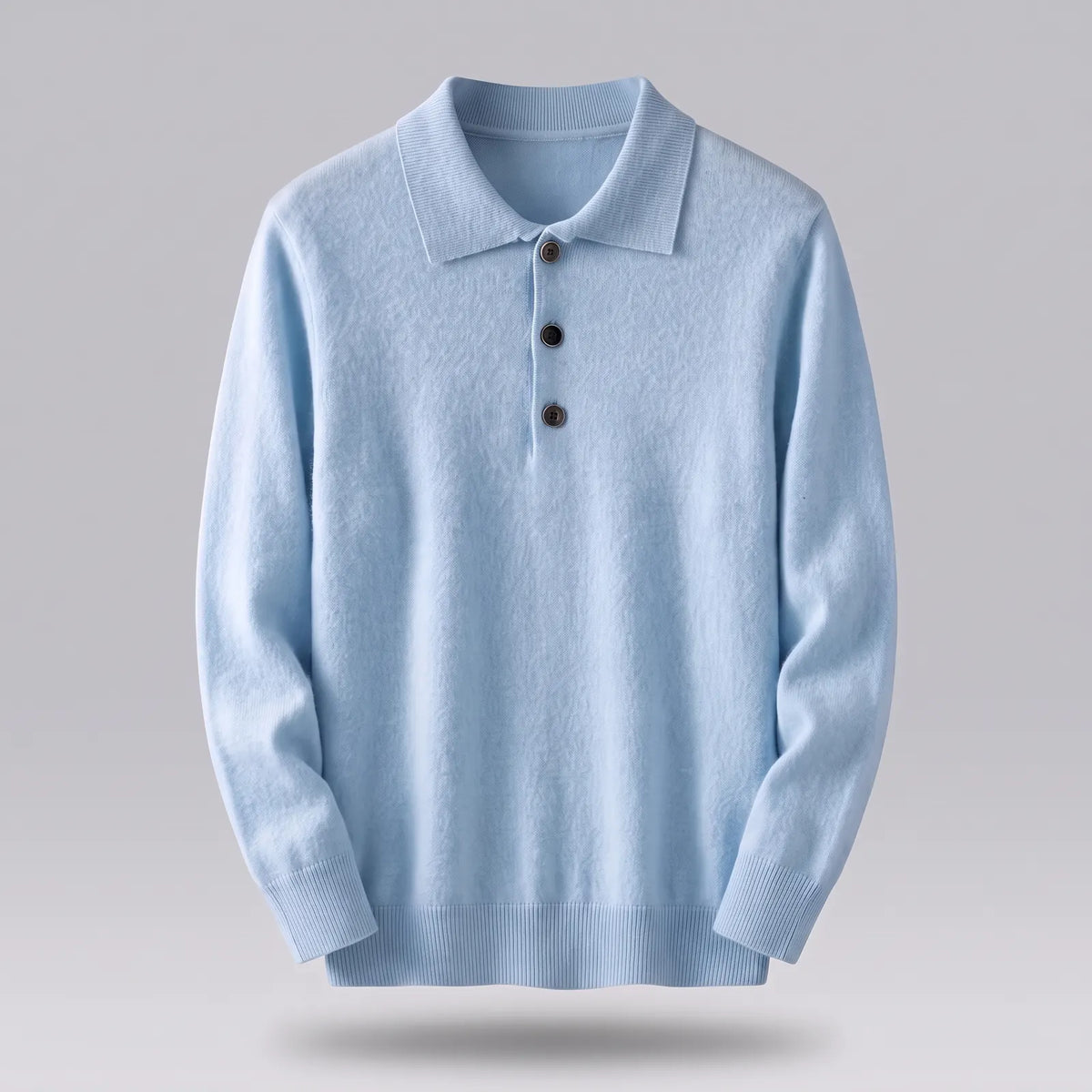 Sky Blue Men's Cashmere Polo Sweater with Classic Collar & Button Placket — Edmund - Product Floating