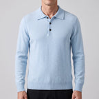 Sky Blue Men's Cashmere Polo Sweater with Classic Collar & Button Placket — Edmund - Worn Front Close