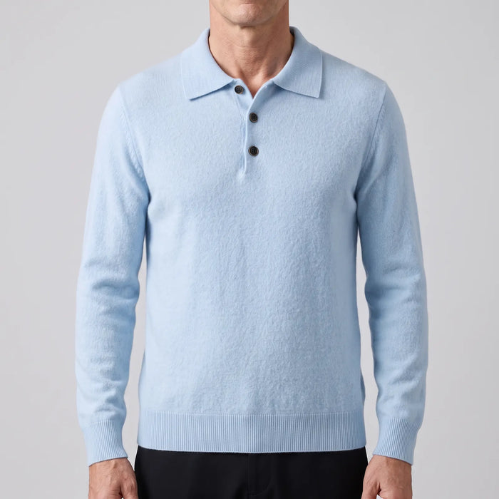 Sky Blue Men's Cashmere Polo Sweater with Classic Collar & Button Placket — Edmund - Worn Front Close
