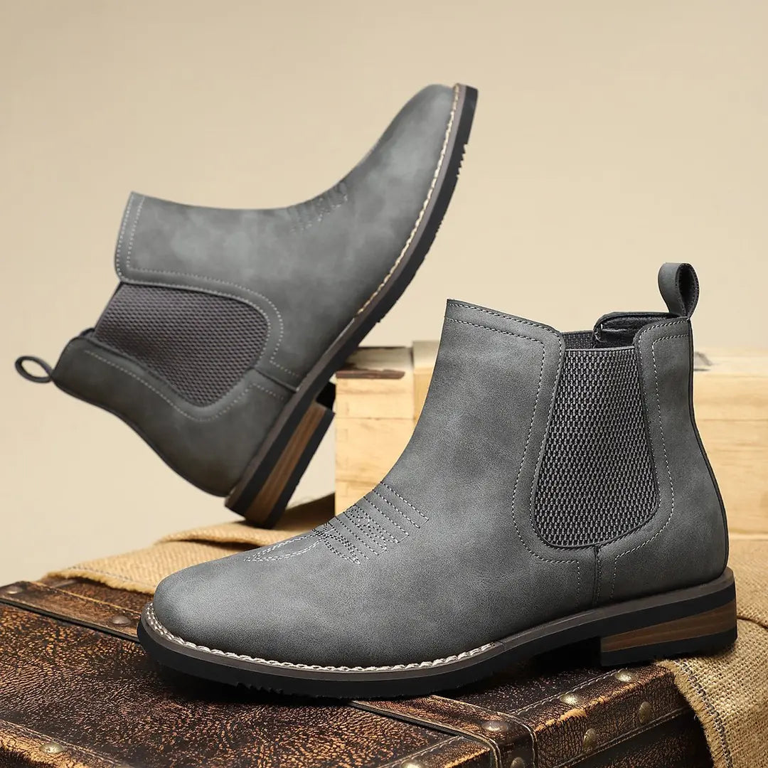 Charcoal Men's Faux Leather Chelsea Boots with Cushioned Insole & Stretch Side Panels — Nathan - Pair Flipped Sole