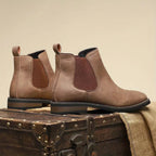 Chestnut Men's Faux Leather Chelsea Boots with Cushioned Insole & Stretch Side Panels — Nathan - Brown Pair On Trunk