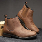 Chestnut Men's Faux Leather Chelsea Boots with Cushioned Insole & Stretch Side Panels — Nathan - Brown Pair Side By Side