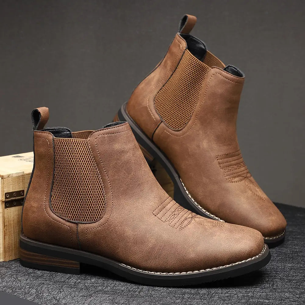 Chestnut Men's Faux Leather Chelsea Boots with Cushioned Insole & Stretch Side Panels — Nathan - Brown Pair Side By Side