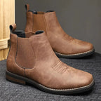 Chestnut Men's Faux Leather Chelsea Boots with Cushioned Insole & Stretch Side Panels — Nathan - Brown Pair With Sole Display