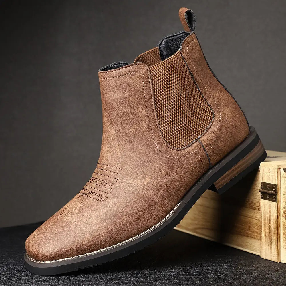 Chestnut Men's Faux Leather Chelsea Boots with Cushioned Insole & Stretch Side Panels — Nathan - Brown Single Boot Side View