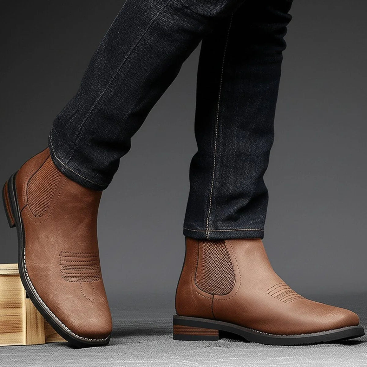 Chestnut Men's Faux Leather Chelsea Boots with Cushioned Insole & Stretch Side Panels — Nathan - Brown Worn Lifestyle Walking