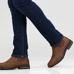 Chestnut Men's Faux Leather Chelsea Boots with Cushioned Insole & Stretch Side Panels — Nathan - Brown Worn Side Profile