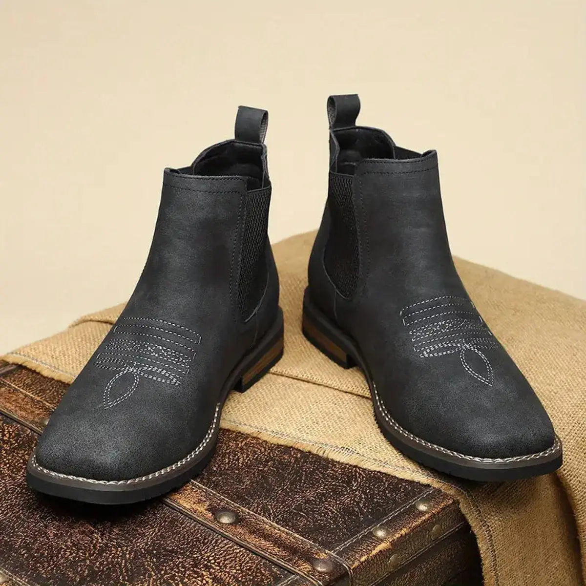 Midnight Men's Faux Leather Chelsea Boots with Cushioned Insole & Stretch Side Panels — Nathan - Pair Toe Forward
