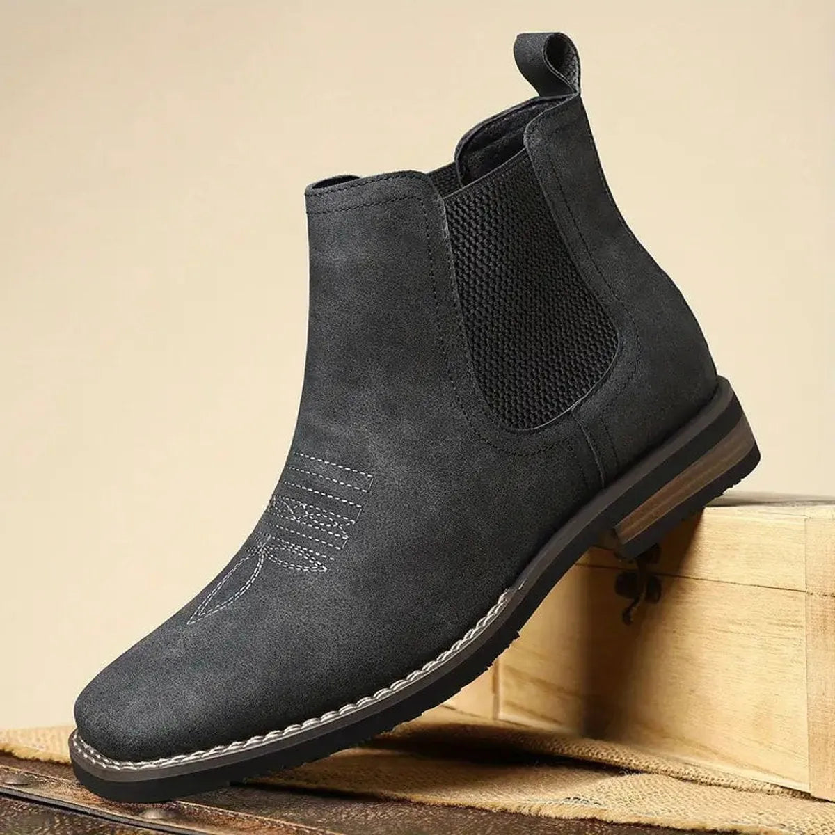 Midnight Men's Faux Leather Chelsea Boots with Cushioned Insole & Stretch Side Panels — Nathan - Single Boot Close Up